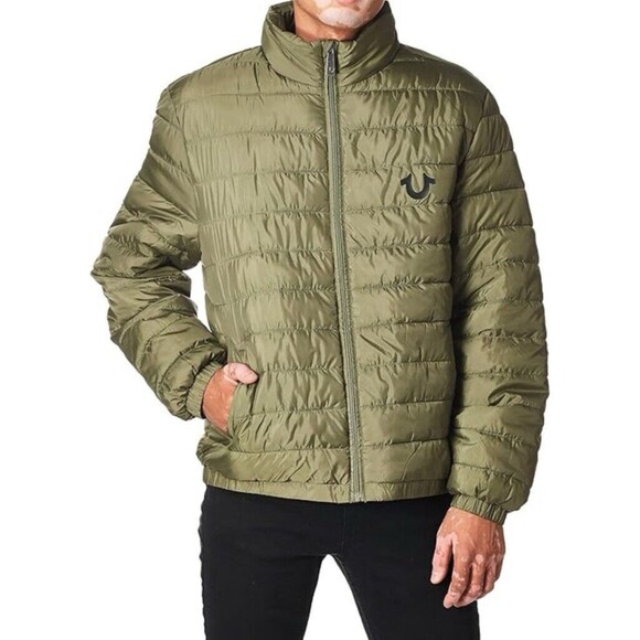 New True Religion Men's L Puffer Jacket Green Kalamata Padded Quilted